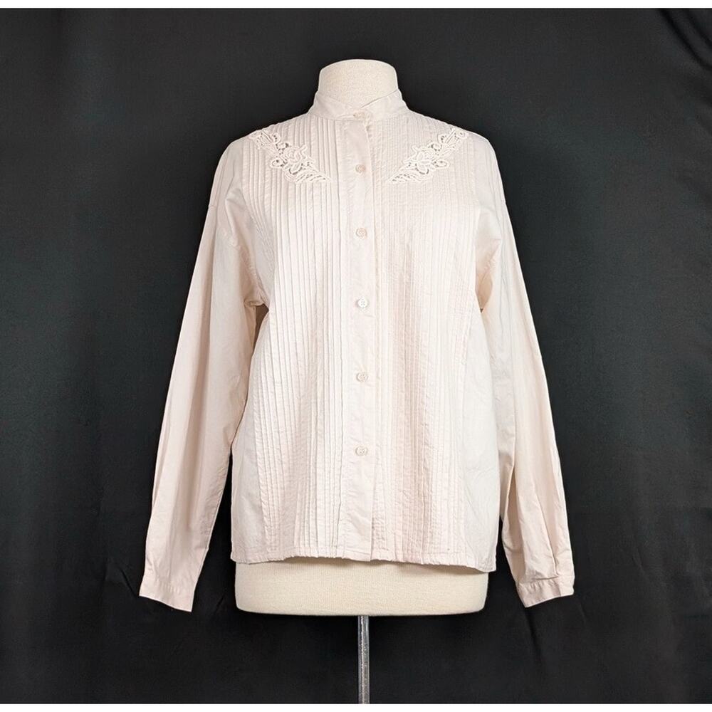 Vintage 90s Blouse Light Pink Pintuck Pleats Top Shirt Cotton Women's Size M